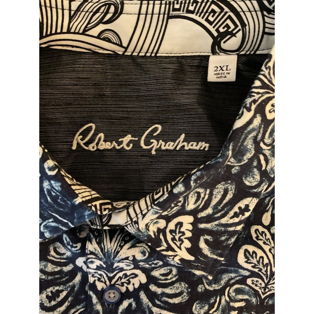 Robert Graham Short Sleeve Button Down Shirt 2XL White Blue Hawaiian Print